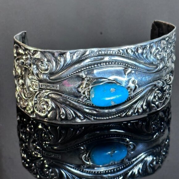 Antique Sterling Silver Cuff Bracelet Sleeping Beauty Turquoise 925 Victorian - Picture 5 of 10